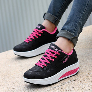 Sport shoes woman 2019 fashion solid sneakers women running shoes breathable PU wedges lace-up shoes women sneakers plus size