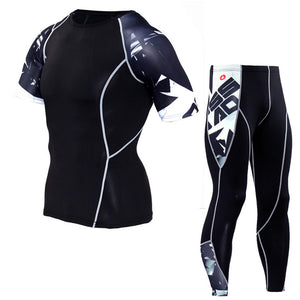 Men's Compression Run Jogging Suits Clothes Sports Set Short T Shirt and Pants Gym Fitness Workout Tights Clothing 2pcs/Sets