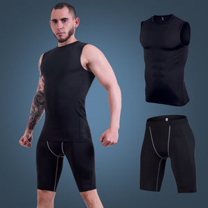 Quick Dry Men's Running Sets Sports Suit Men Compression Gym Vest+Shorts 2 Pieces Tracksuits Summer Fitness Sportswear Clothing