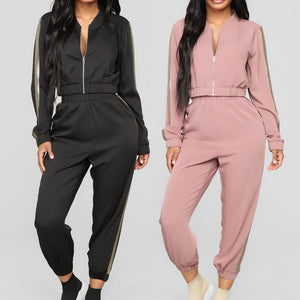 Autumn Running Set 2019 Women Casual Tracksuit 2 Piece Sports Set Top And Pants Striped Patchwork Zipper Sweatshirt Gym Clothing